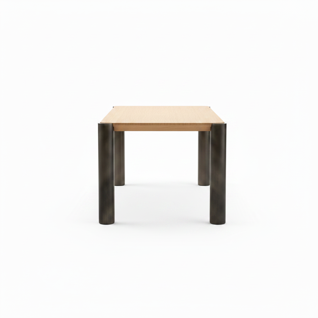 Zaforin Dining Table in light ash wood with stainless steel legs, 90-degree side view