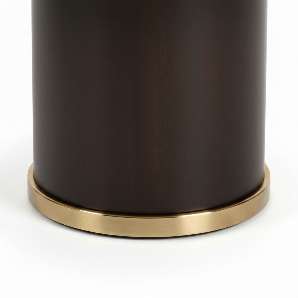Avenoire End Table dark wood veneer pedestal and brass-colored circular base detail