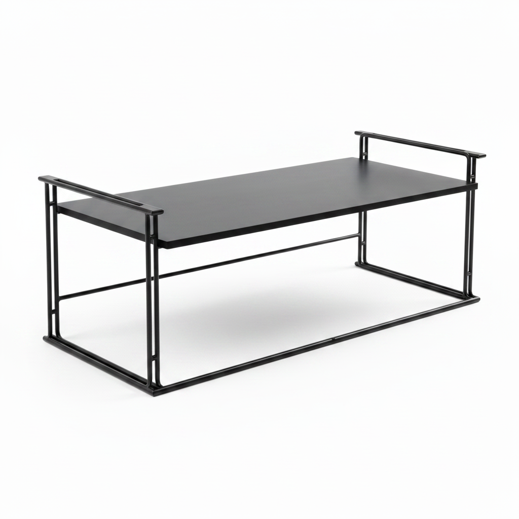 Davenique Coffee Table in black carbon steel and ash veneer, high-angle view on white background