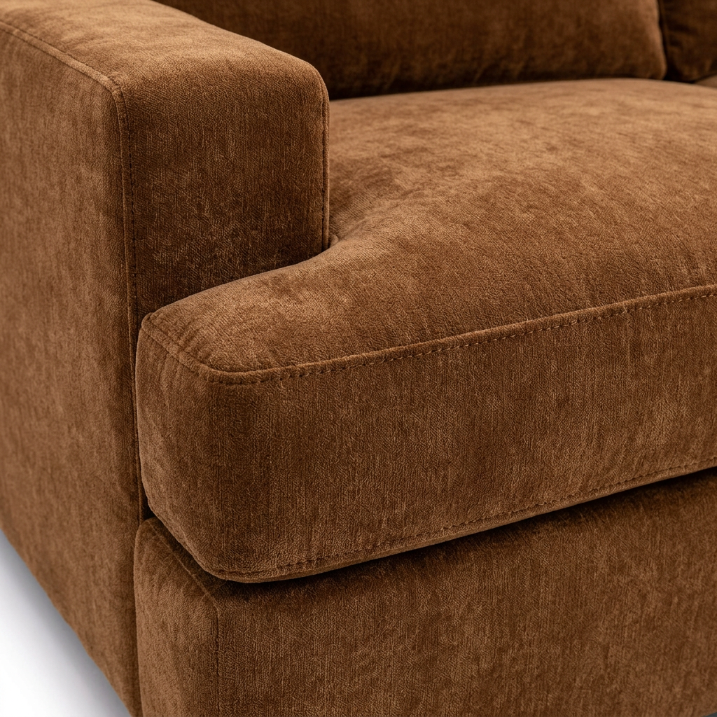 Corvello Walnut Sofa track arm and seat cushion detail showing walnut brown fabric and seams