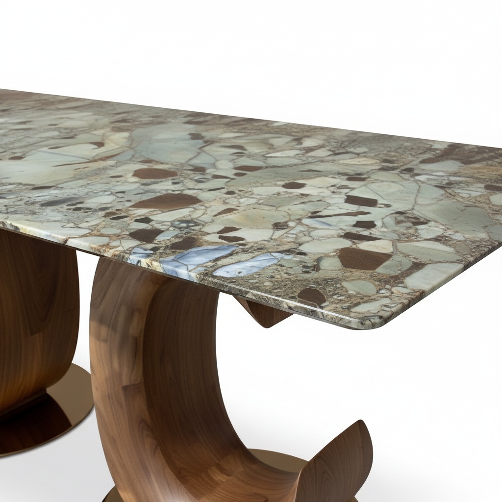 Close-up of the natural marble surface and edge of Astoria Marble Dining Table
