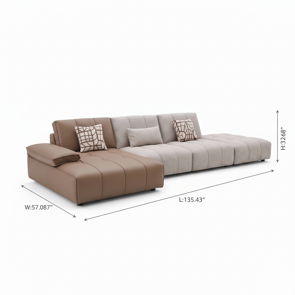 Varello Linen Sectional dimensions length 135.43 width 57.087 height 32.68 inches