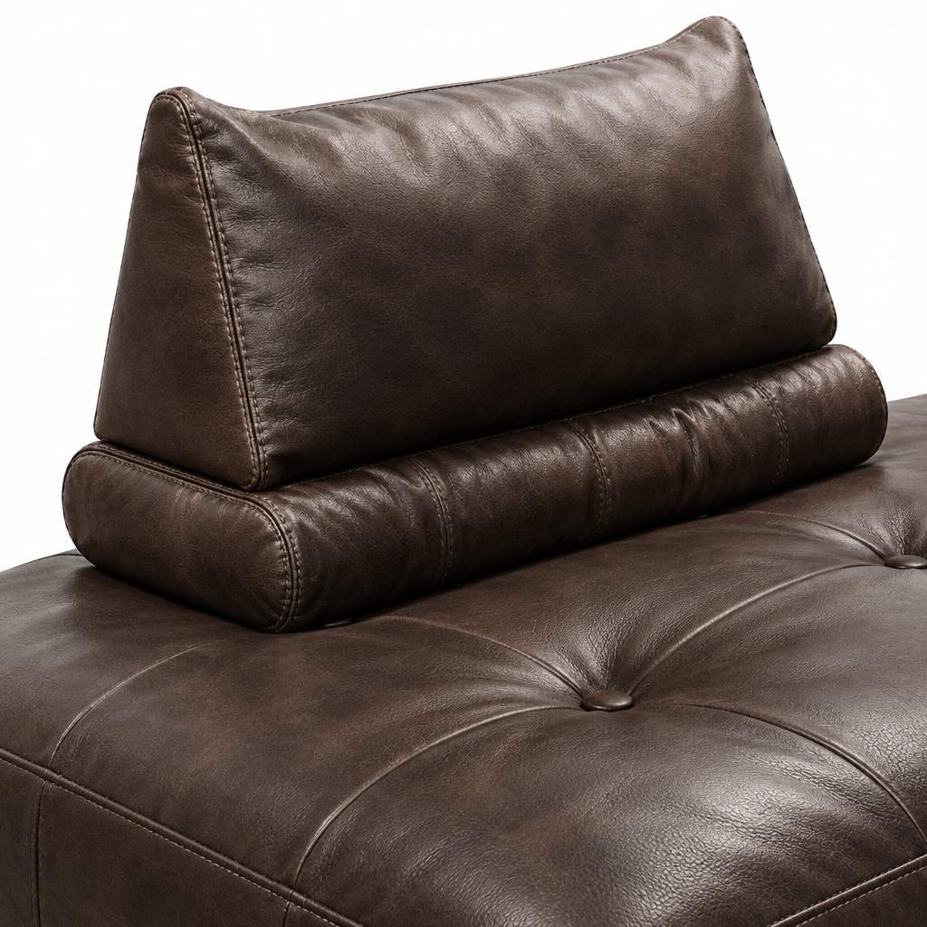 Wynora Fabric Sofa leather cushion stitching and tufted button detail close-up