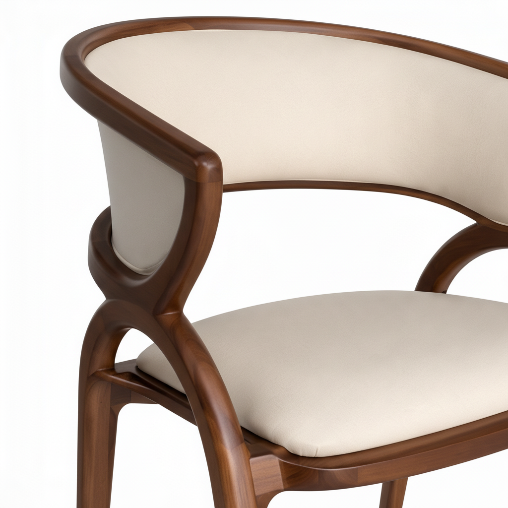 Amarante Dining Chair curved wood frame and cream upholstered backrest detail on white background