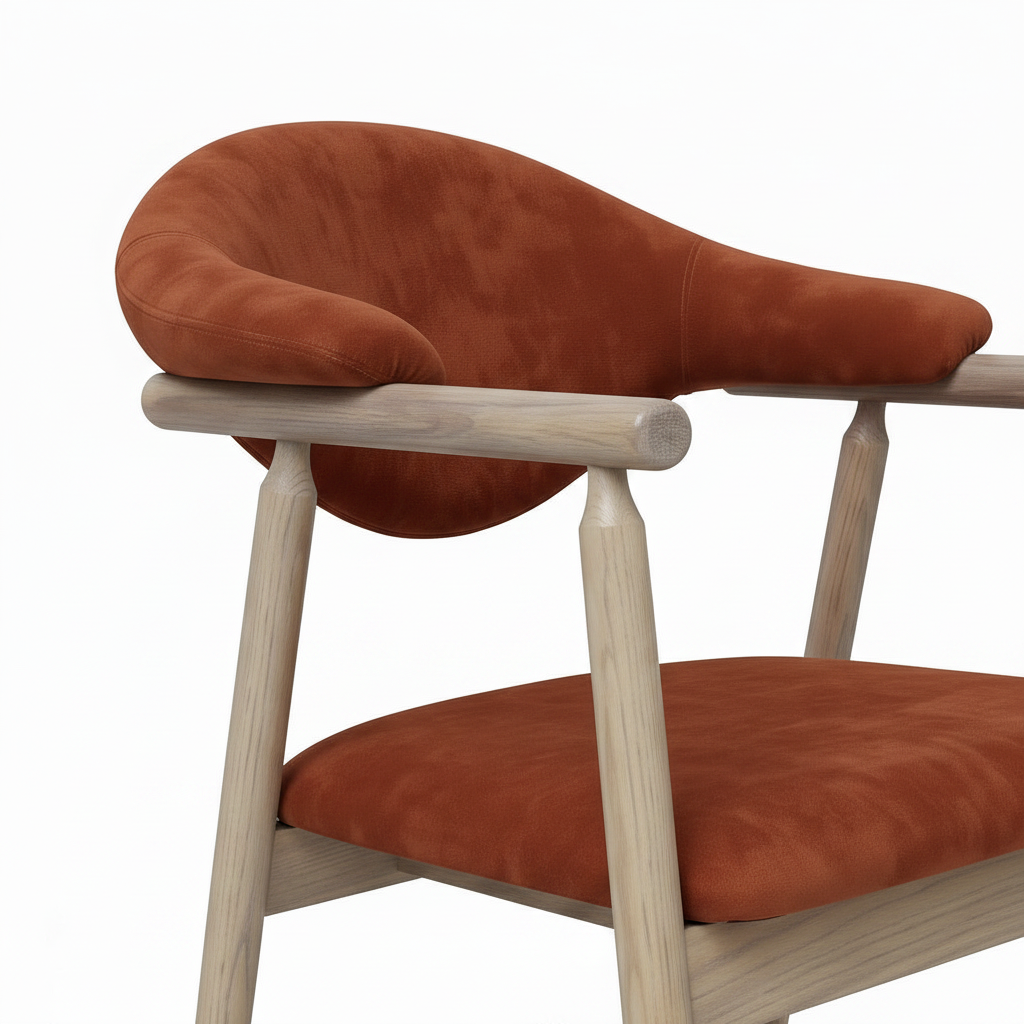 Thalia Dining Chair sculpted upholstered backrest and light wood arm detail on white background