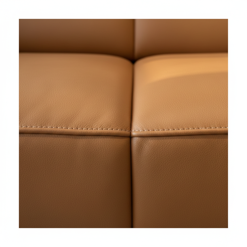 Close-up of the caramel-brown Italian leather upholstery and stitching on the Mavero Leather Sofa