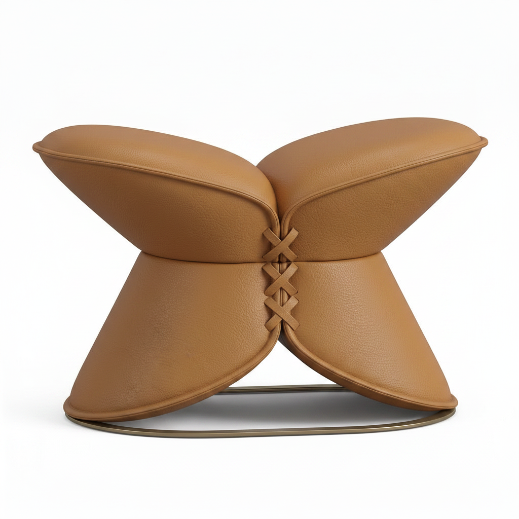 Mavero vanity stool in caramel brown leather with interlaced center lacing, front view