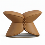 Mavero vanity stool in caramel brown leather with interlaced center lacing, front view