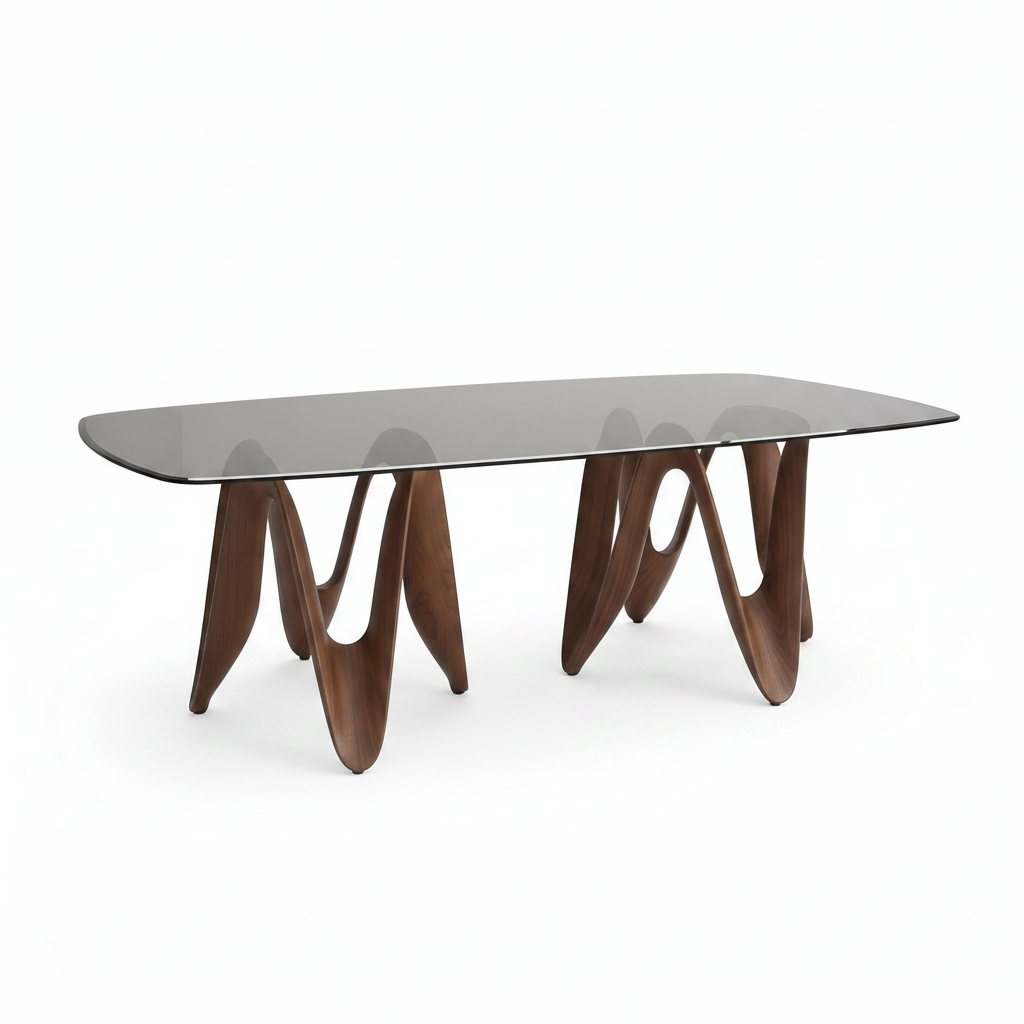 Sorrento Dining Table with dark gray translucent glass top, front-right 45-degree view on white background