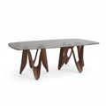 Sorrento Dining Table with dark gray translucent glass top, front-right 45-degree view on white background