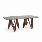 Sorrento Dining Table with dark gray translucent glass top, front-right 45-degree view on white background