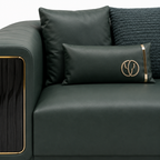 Rovessa Loveseat leather lumbar pillow with emblem and textured cushion close-up