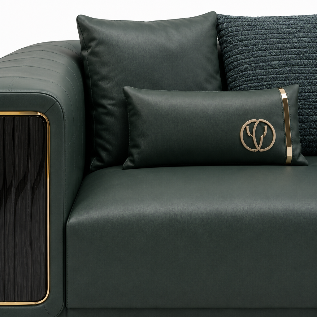 Rovessa Loveseat leather lumbar pillow with emblem and textured cushion close-up