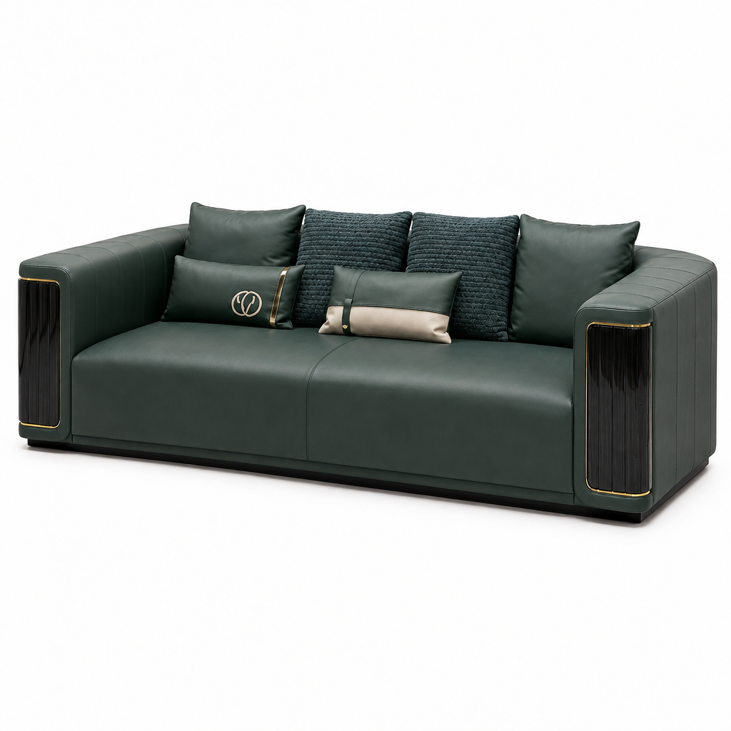 Rovessa Loveseat deep green leather and textured cushions, wider right-front 45-degree view