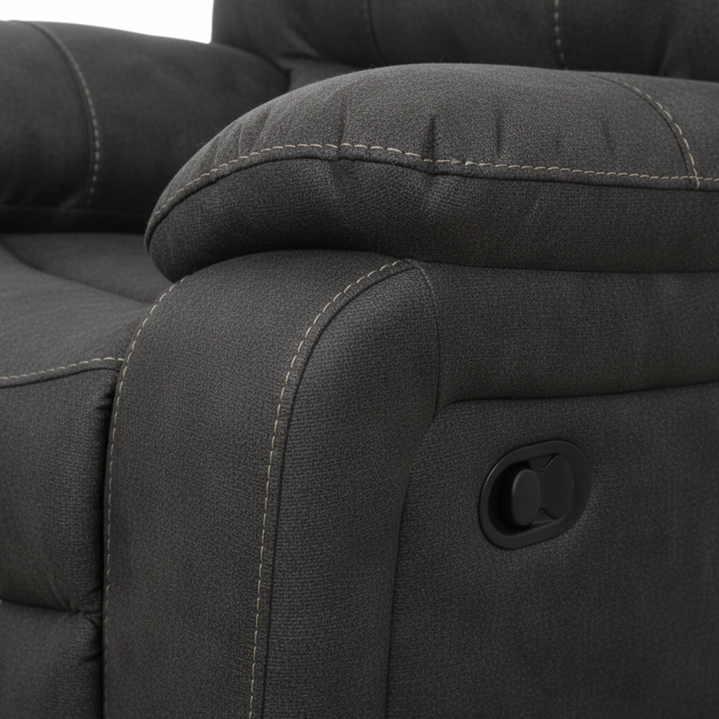 Bellecour Fabric Sofa Set dark charcoal fabric recliner control detail