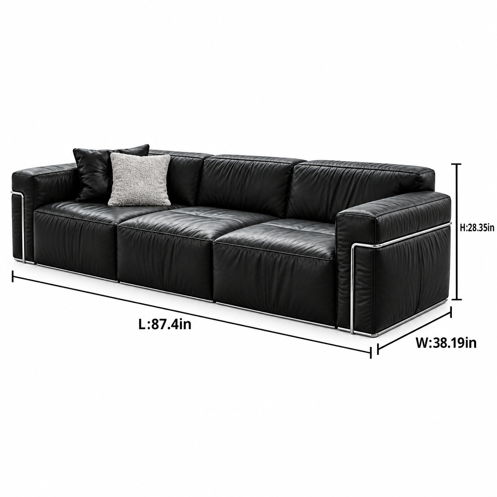 Waverly Leather Sofa dimension diagram showing length, width, and height in inches