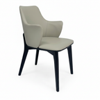 Julienne Dining Chair with light greige upholstery and black wood, right-facing 45-degree view on white background