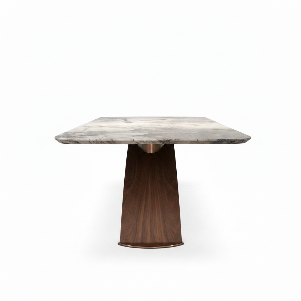 Corvella Marble Dining Table in ash wood and natural marble, 90-degree end view on white background