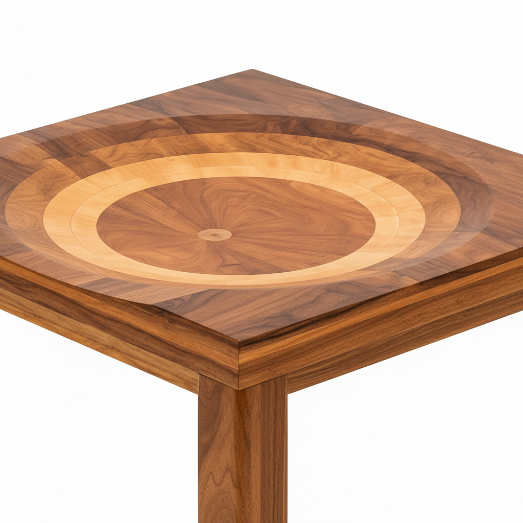 Rensaro End Table on a white background, close-up detail of square tabletop and concentric wood inlay