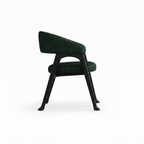 Delphine Dining Chair in deep green upholstery and dark wood, 90-degree side view on white background