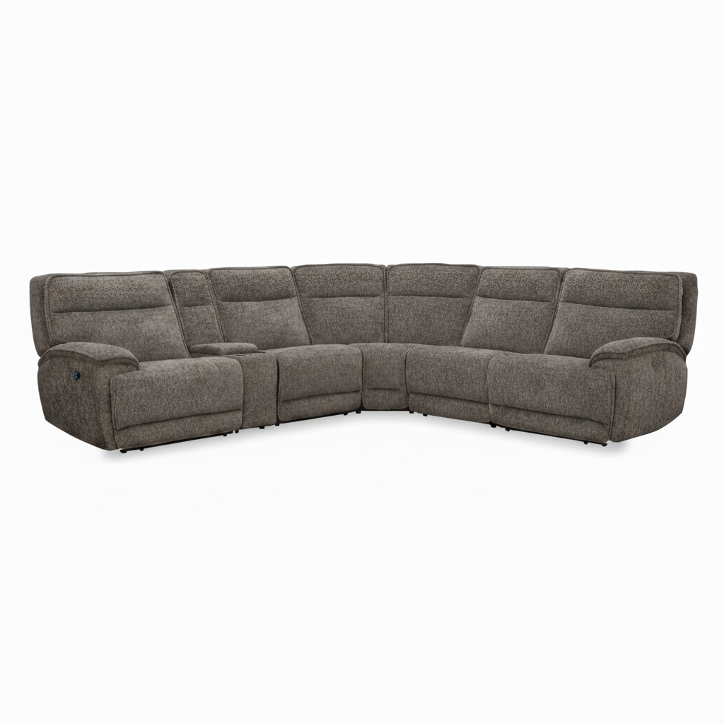 Fontaire Fabric Sectional in brown fabric, straight front view showing the full sofa and segmented cushions.