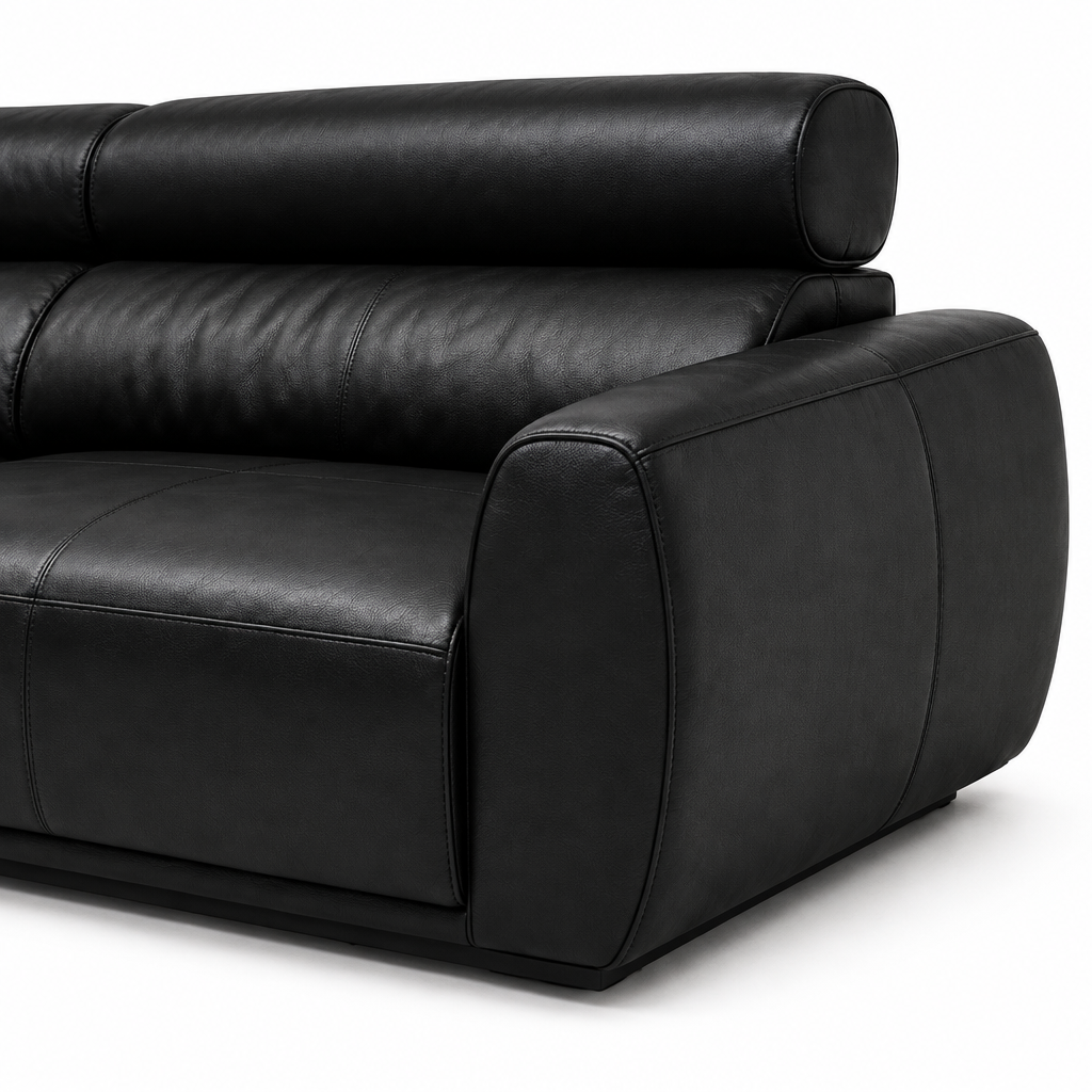 Arquemont Sofa black leather arm and cylindrical cushion detail close-up