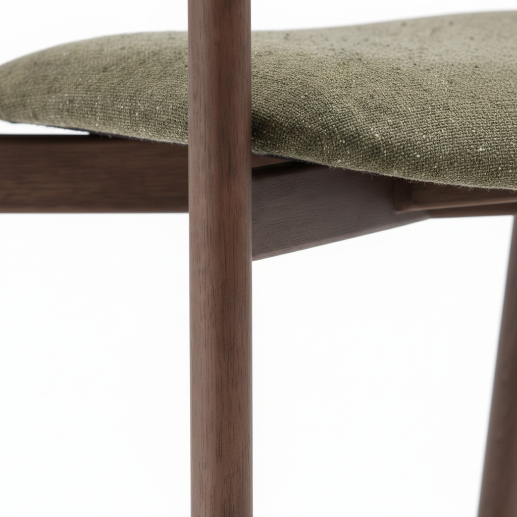 Wexorin Dining Chair leg detail showing tapered walnut wood leg and upholstered seat frame