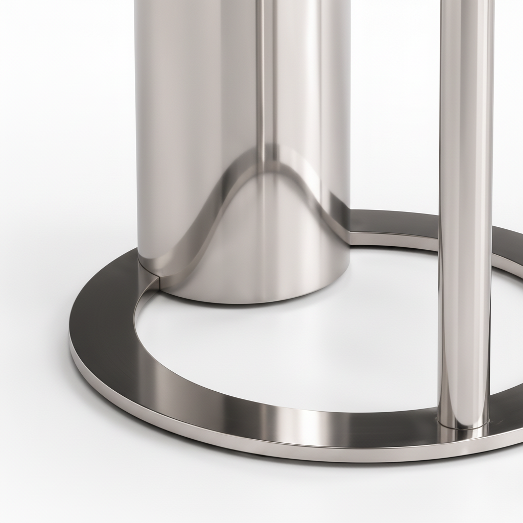 Close-up of the brushed stainless-steel supports and ring base on the Mirenne End Table