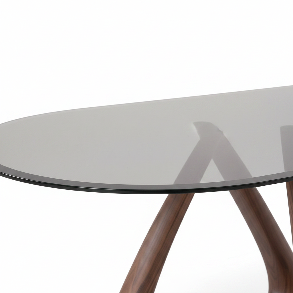 Close-up of the transparent glass edge and reflections on Arden Ash Glass Dining Table