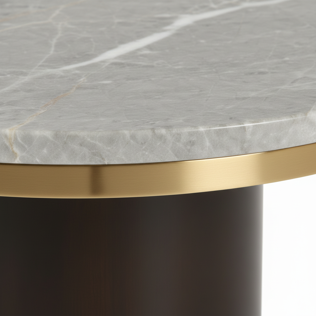 Avenoire End Table gray veined marble tabletop and brass-colored rim detail