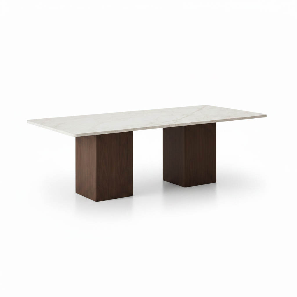 Lunavere Dining Table in marble and stainless steel, front-right 45-degree view on white background