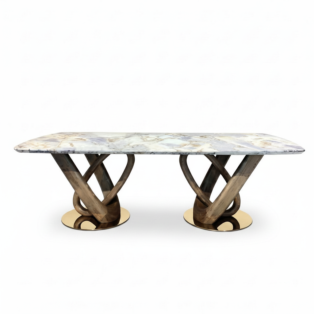 Remington Marble Dining Table in marble and solid ash wood, straight-on front view on a white background
