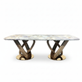 Remington Marble Dining Table in marble and solid ash wood, straight-on front view on a white background