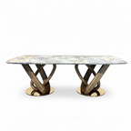 Remington Marble Dining Table in marble and solid ash wood, straight-on front view on a white background