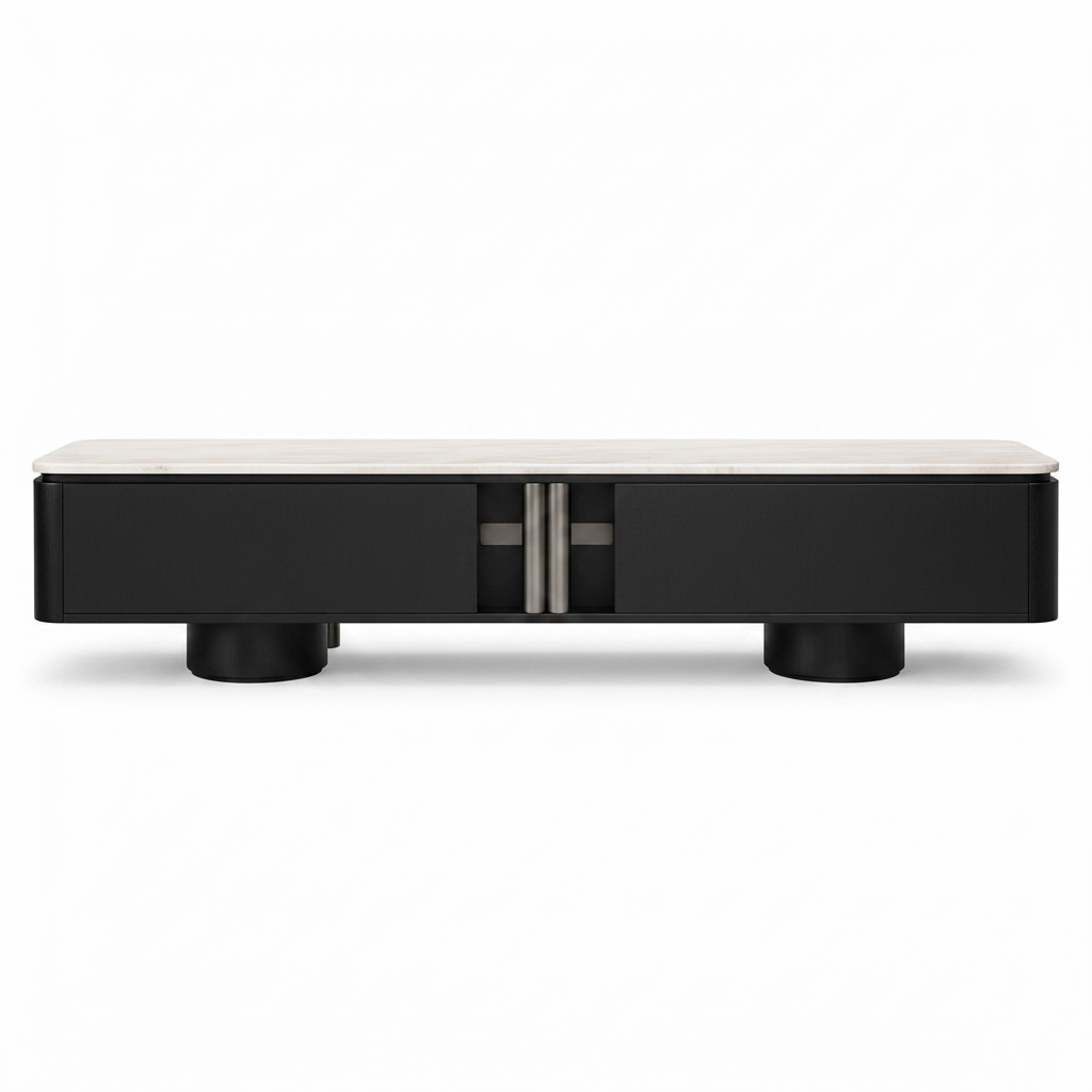 Orlane Stone TV Stand on a white background, rear view