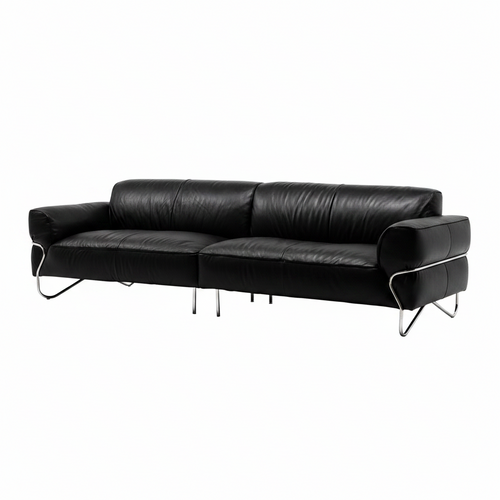 Quarielle Sofa in black leather with metal legs, front right three-quarter view.