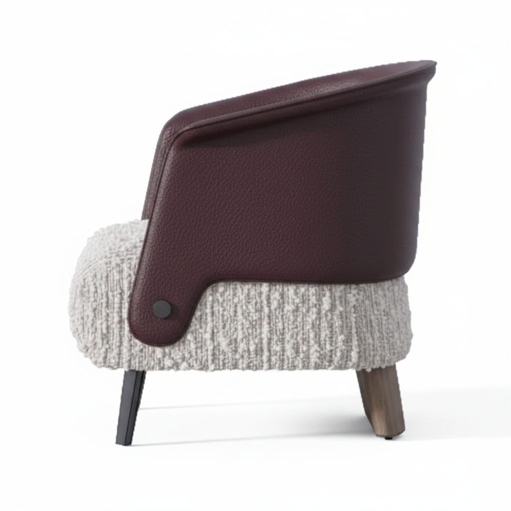 Mavero accent chair right-side view with opening facing left, plum brown leather and white boucle