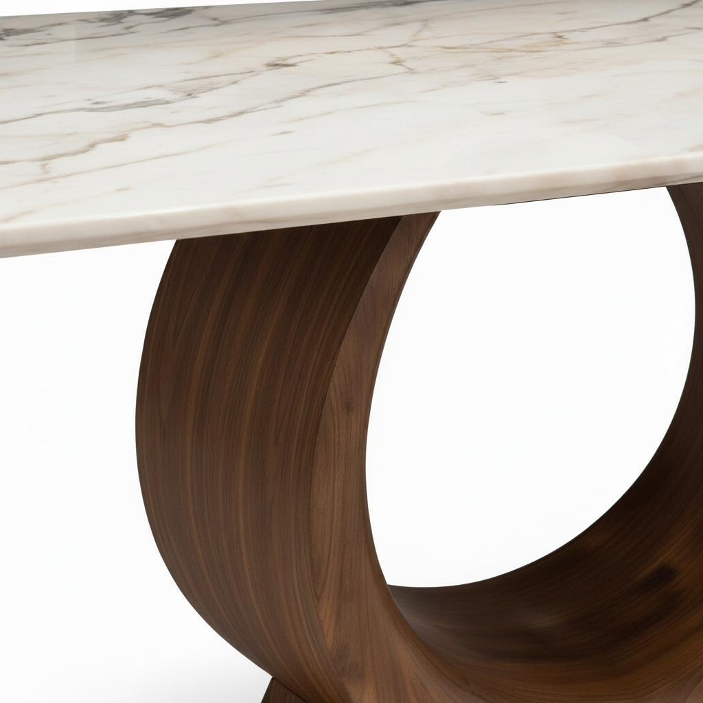 Mirabelle Marble Dining Table base and tabletop connection detail without props