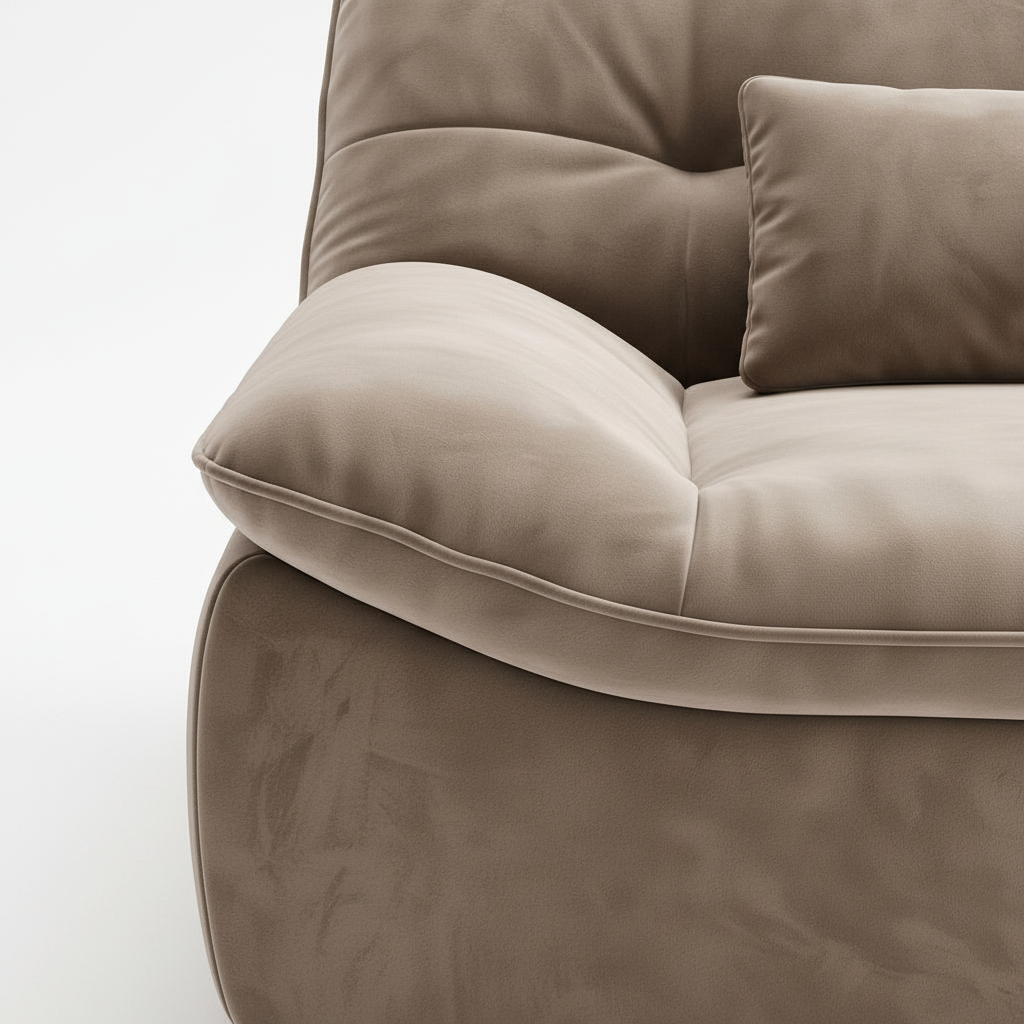 Kervaro Sofa taupe-beige fabric, rounded armrest and seat piping detail