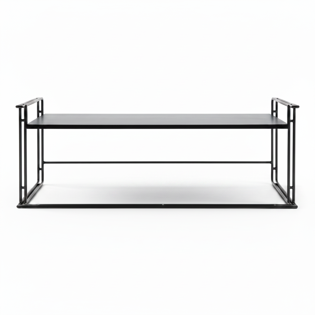 Davenique Coffee Table in black carbon steel and ash veneer, straight front view on white background