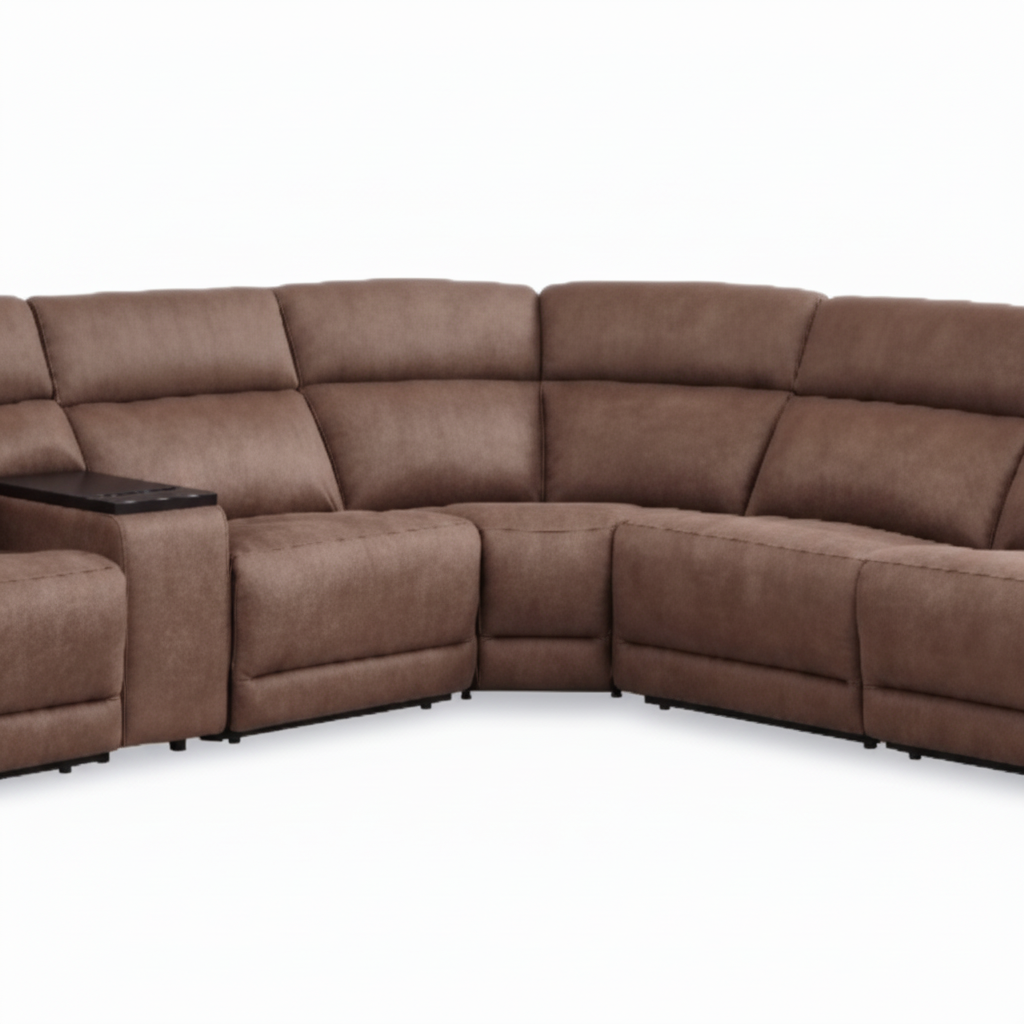 Close-up of the Jolivet brown fabric sectional center-right corner, curved seats, and back cushions