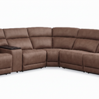 Close-up of the Jolivet brown fabric sectional center-right corner, curved seats, and back cushions