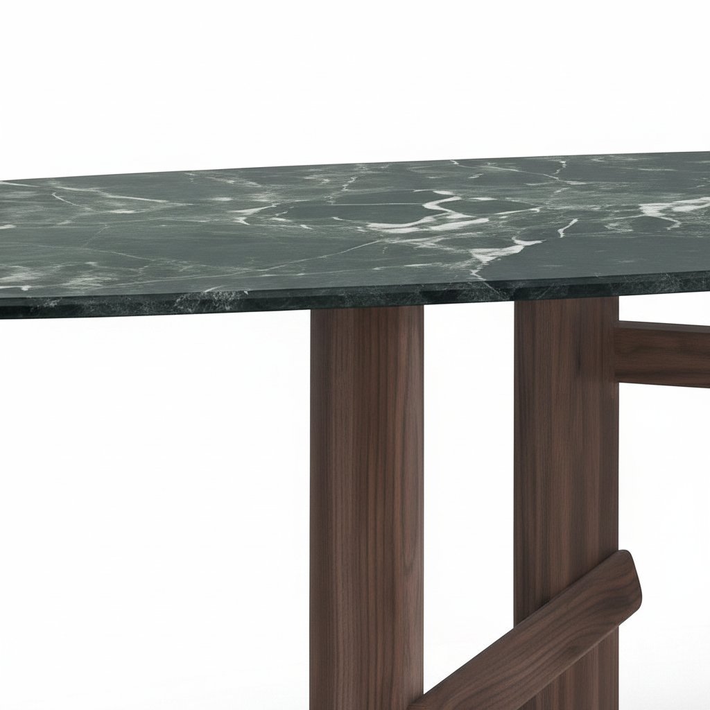 Close-up of Cortina Marble Dining Table ash wood base and marble tabletop connection on white background