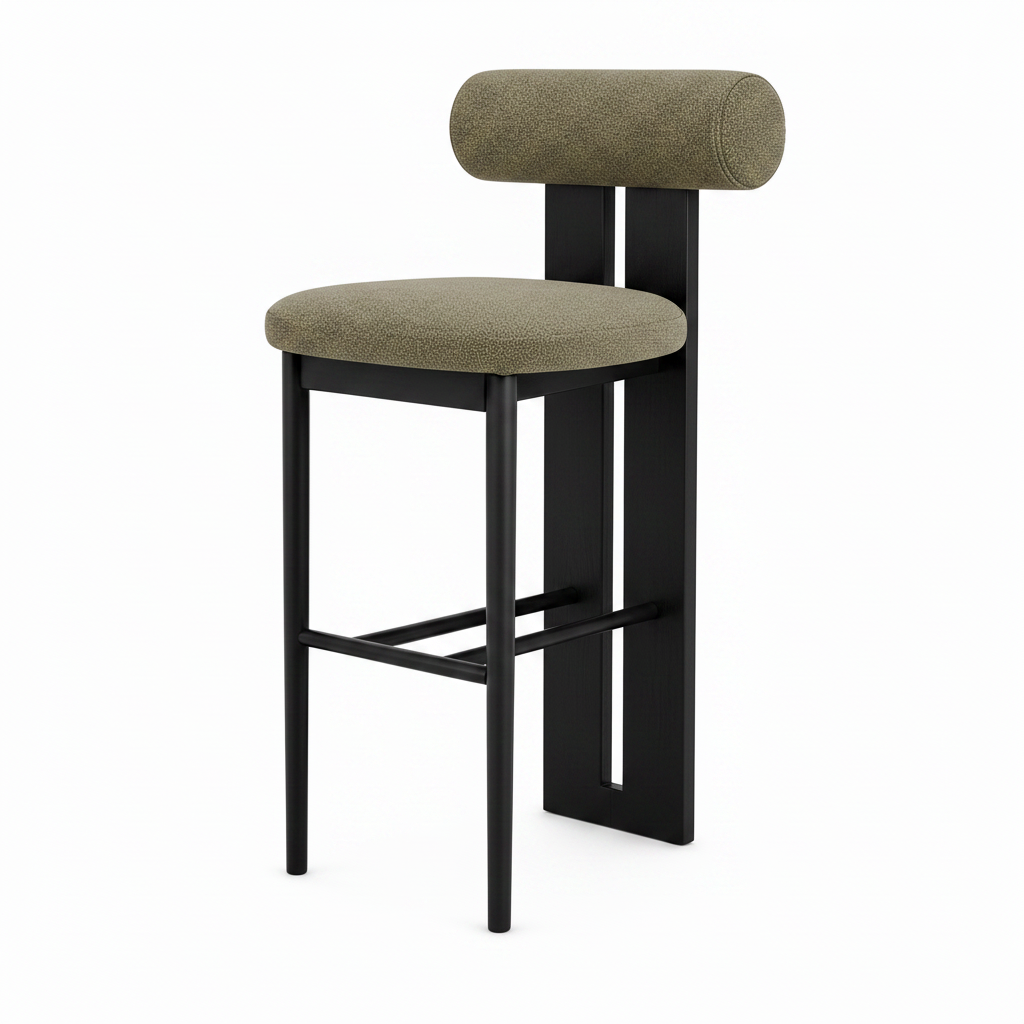 Westmere Noir Bar Stool on a white background, right-front oblique view with the right side in the foreground