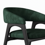 Delphine Dining Chair curved backrest upholstery and dark wood frame detail on white background