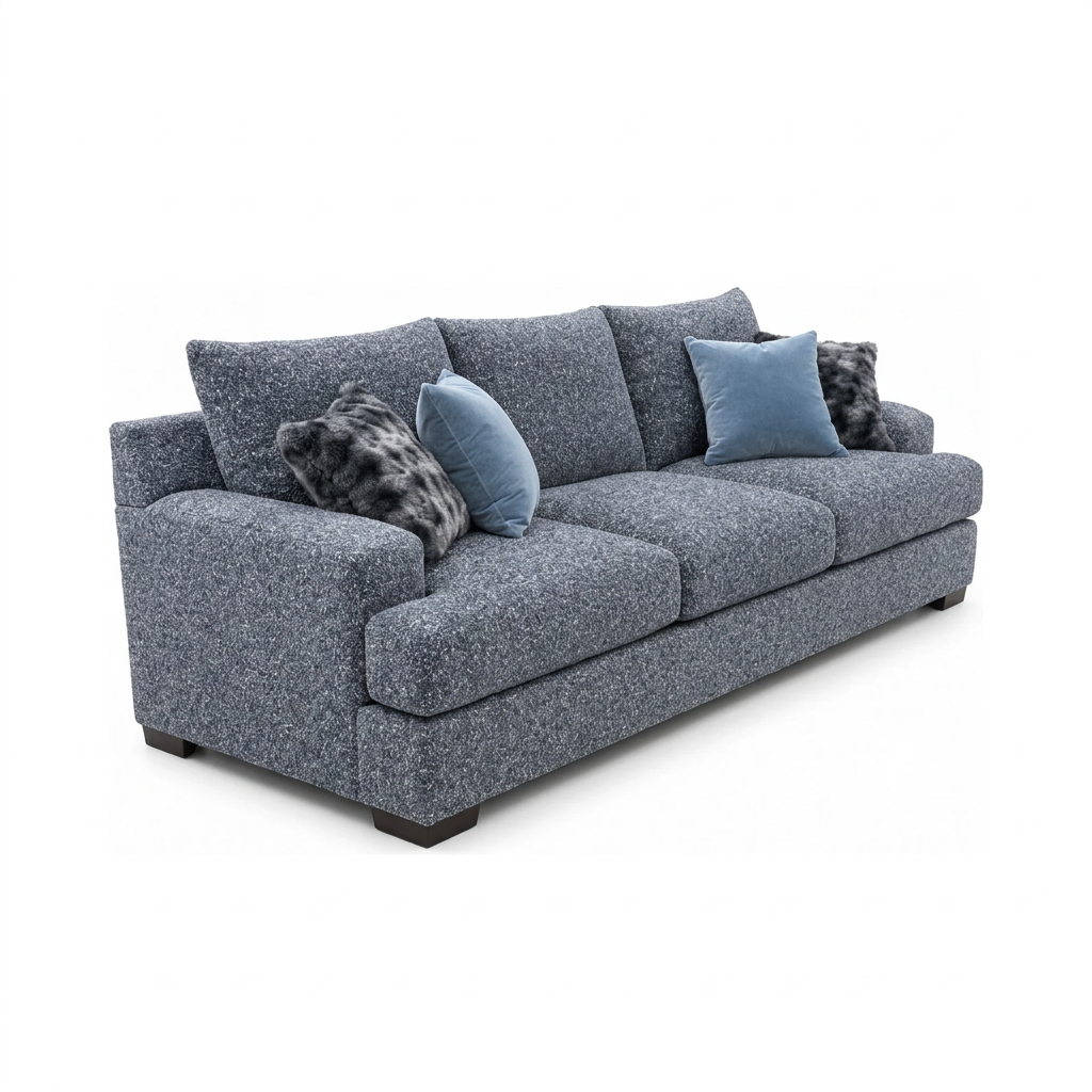Lapiselle Lapis Sofa in blue-grey textured fabric with accent pillows, left-front view on white