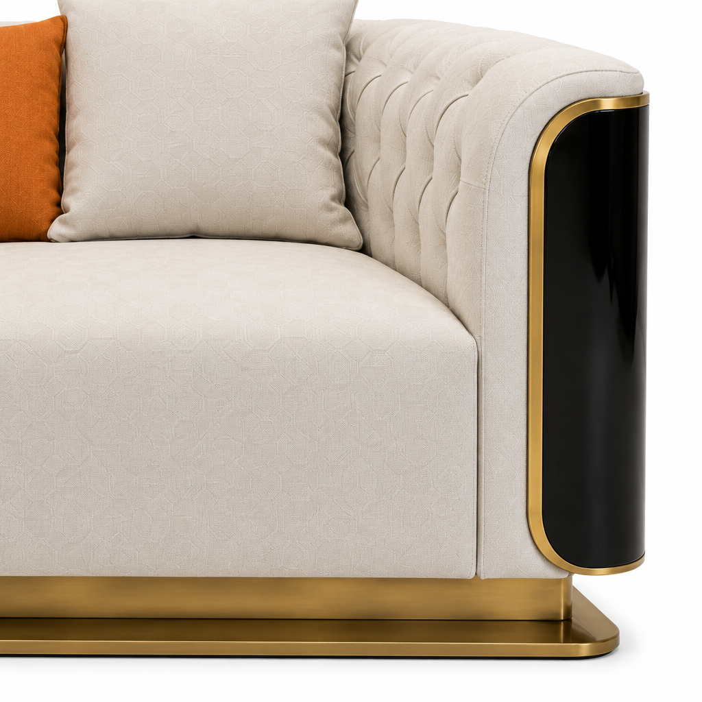 Palisandre Loveseat orange cushion, cream seat and gold base close-up