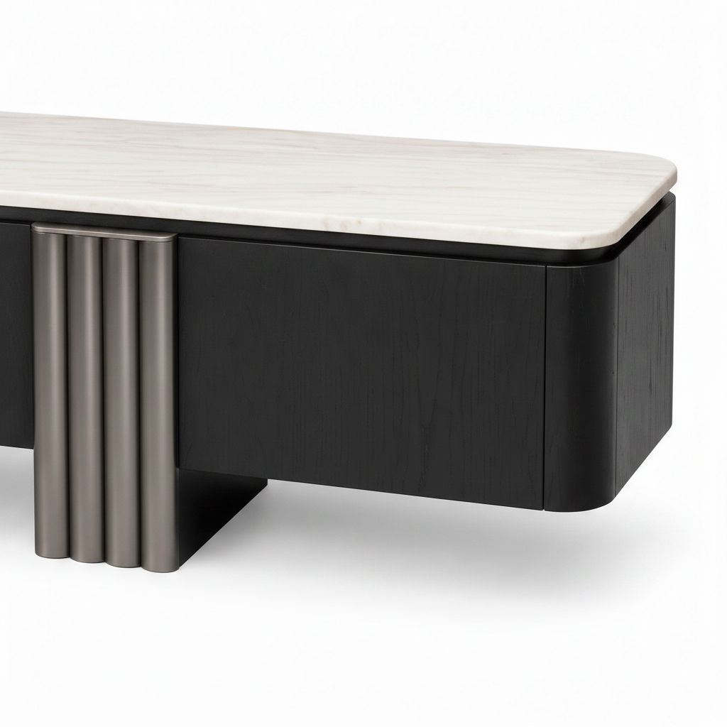 Orlane Stone TV Stand on a white background, close-up detail of marble top and silver fluted support