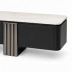 Orlane Stone TV Stand on a white background, close-up detail of marble top and silver fluted support