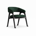 Delphine Dining Chair in deep green upholstery and dark wood, right-facing 45-degree view on white background